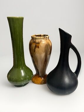 3 Small Vintage Handmade Vases - Shiny Green Brown Drip Matte Black